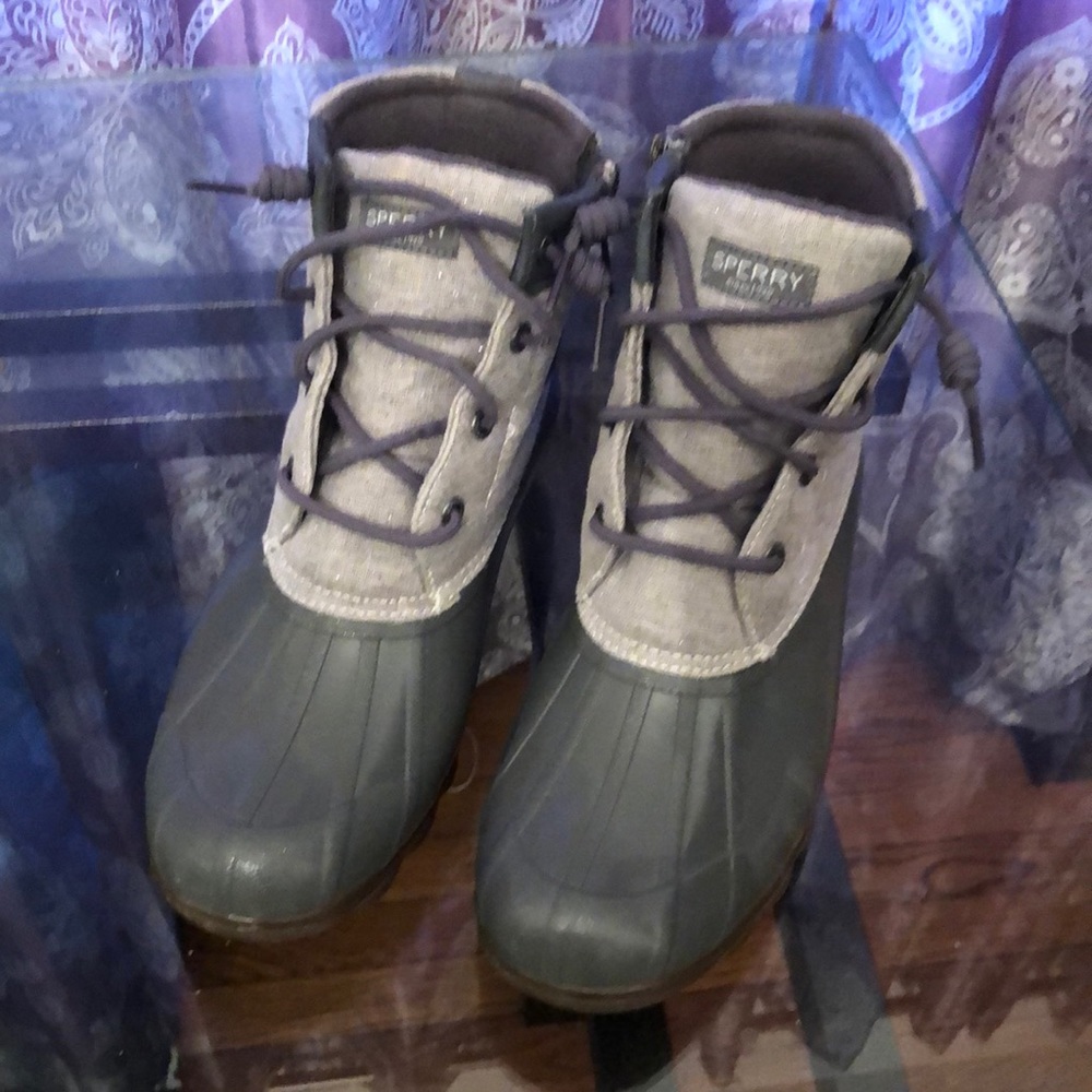 Sperry boots silver sparkles with gray.